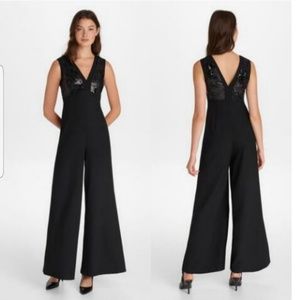 KARL LAGERFELD SEQUIN TRIM WIDE LEG JUMPSU…